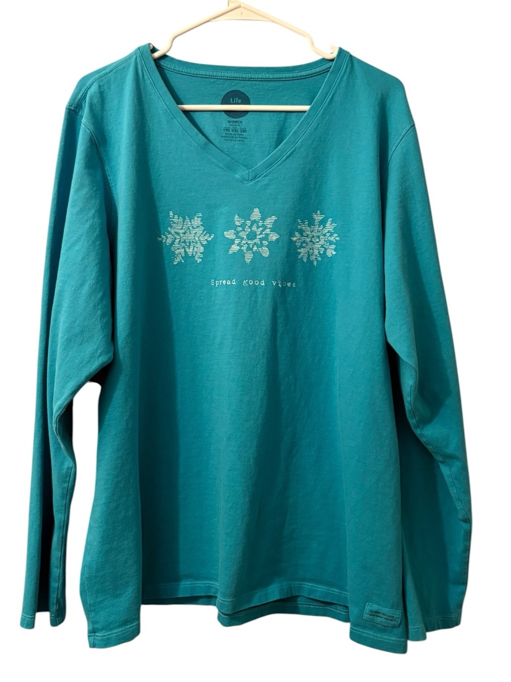 Life Is Good Snowflake Long Sleeve Spread Good Vibes Teal Women’s Plus Size XXL